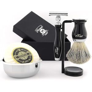 Haryali London 5 Piece Shaving Kit, Double Edge Safety Razor, Black Color Badger Brush, Soap, Bowl, Stand, Set as Gift, 1 g