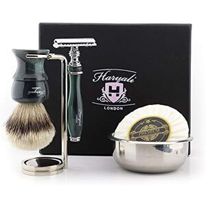 Haryali London Mens Shaving Set with Double Edge Safety Razor, Silvertip Badger Hair Shaving Brush, Stainless Steel Stand, Shaving Soap and Bowl Perfect Set for Men