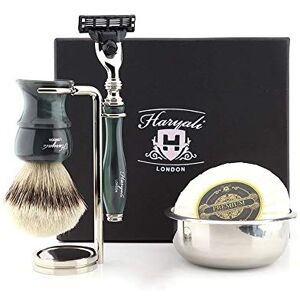 Haryali London 5Pc Mens Shaving Set with 3 Edge Safety Razor, Silver Tip Badger Hair Bristles Brush, Stand, Soap and Bowl Kit for Men Perfect Kit