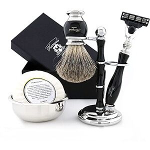 Haryali London Mens Shaving Set – 5 Pc Shaving Kit – 3 Edge Shaving Blade Shaving Razor - Best Badger Shaving Brush – Shaving Soap – Shaving Bowl – Shaving Stand – Black Color Shaving Set as Gift