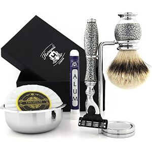 Haryali London 3 Edge Razor With Silver Tip Badger Hair Shaving Brush, Stainless Steel Stand and Alum Stick Perfect Shaving Kit For Men