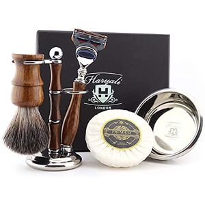 Haryali London Shaving Kit – 5 Pc Wooden Shaving Kit – 5 Edge Shaving Blade Shaving Razor - Super Badger Hair Shaving Brush – Shaving Soap – Shaving Bowl – Stand -