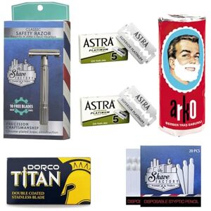 Premium Traditional Shaving Set with The Shave Factory Classic Safety Razor, Arko Shaving Soap, 10 Astra Double Edge Razor Blades with Bonus 10 DORCO Double Edge Razor Blades and 20 Styptic Matches