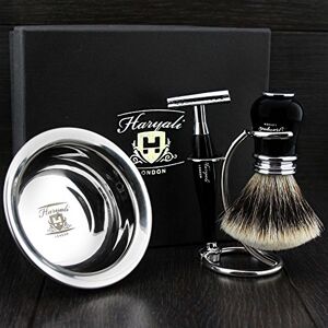 Haryali London Ready to Use 4 Pcs Men's Shaving Set with Double Edge Safety Razor, Sliver Tip Badger Hair Brush, Stand and Steel Soap Bowl
