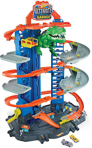 Mattel Hot Wheels Megacity Parkgarage mit T-Rex-Angriff, Autorennbahn inkl. 2 Spielautos