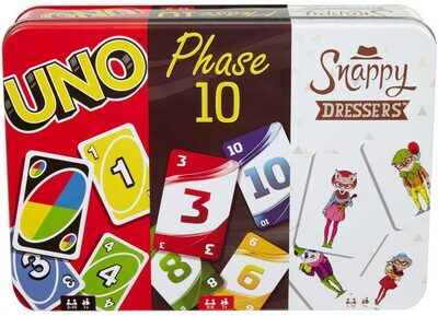 MATTEL FFK01 MATTEL Games Kartenspiel-Klassiker in Metalldose: UNO, Phase 10, Snappy Dressers