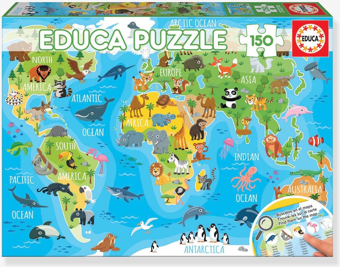 Puzzle 150 piezas Mapamundi Animales EDUCA azul medio liso con motivos