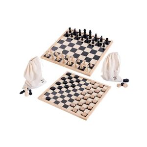 Engelhart Jeu d'échecs et de Dames en Bois - 40 cm + 2 Sacs en Toile et Figurines - Publicité