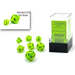 Chessex Lot de dés Vortex 10 mm En plastique polyédrique Vert vif Dés polyédriques et dragons D&D DND TTRPG Avec 7 dés D4 D6 D8 D10 D12 D20 D% - Publicité