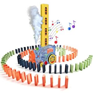 BARVERE Domino Train Jouet de train avec 80 dominos Locomotive à vapeur avec lumières et sons Pour filles et garçons à partir de 2 ans Placement automatique de Domino Express Blanc - Publicité