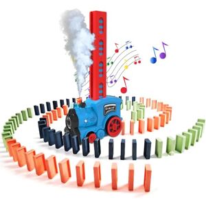 BARVERE Jouet de train à vapeur, jouet de train domino avec lumières et son, 80 pièces dominos Train pour filles et garçons à partir de 2 ans, placement automatique de Domino Express Bleu - Publicité