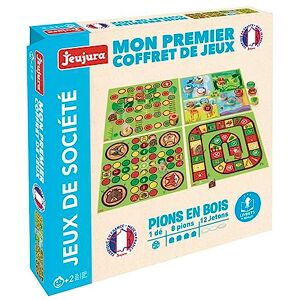 Jeujura Mon Premier Coffret de Jeu Jeux des Petits Chevaux Jeu de l'oie Jeu des échelles et Un mémo-Loto 4 Plateaux + pions en Bois A partir de 2 Ans 8455 - Publicité