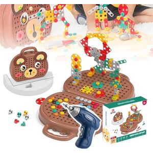 PKKP Lot de 204 pièces de jeu à emboîter, mosaïque, puzzle 3D, mallette à outils avec perceuse, Montessori et pédagogique, outils de bricolage, jeux pour enfants de 3 ans et plus, marron - Publicité