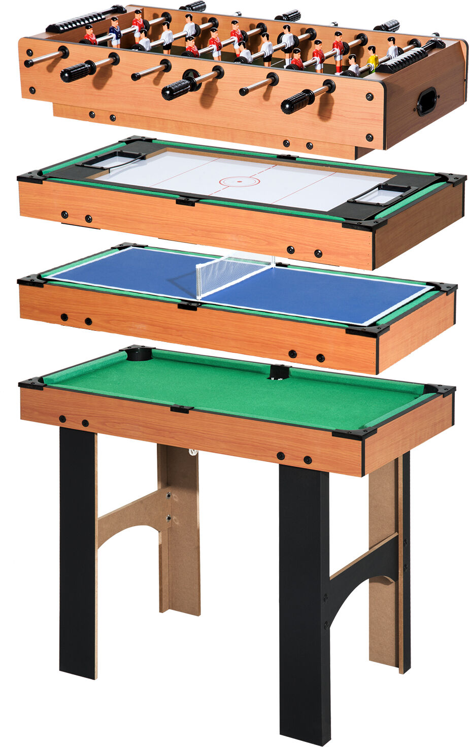 Homcom Tavolo Multi gioco 4 in 1 con Calcio Balilla, Hockey da Tavolo, Ping Pong e Biliardo in Legno MDF, 87 x 43 x 73cm