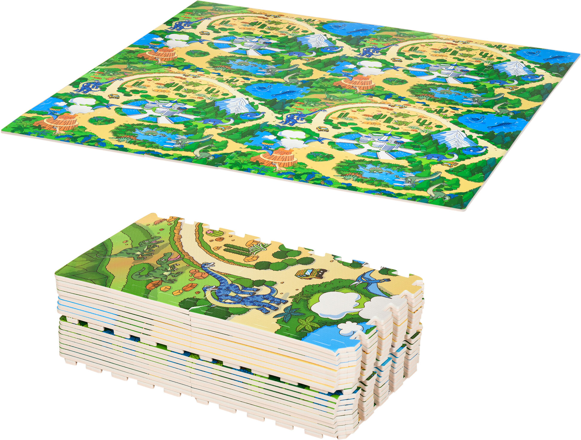 Homcom Tappeto Puzzle per Bambini 36 Pezzi con 24 Bordi,Tappeti bimbi in Schiuma EVA Antiscivolo,Area Coperta 3.24㎡,Fantasia con Natura e Dinosauri