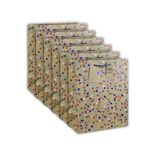 Eurowrap Clairefontaine  Set di 6 sacchetti regalo Kraft, formato grande, 26,5 x 14 x 33 cm, 210 g, motivo: pois multicolore su sfondo kraft, ideale per: giochi da tavolo, puzzle, regali