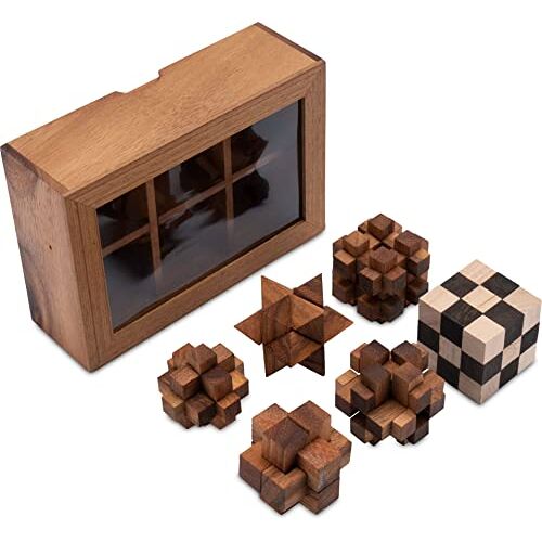 LOGOPLAY 6 puzzelspellen in set speelverzameling 3D puzzel denkspelletjes puzzelspellen geduldspellen logica spellen in luxe geschenkdoos van hout met transparant deksel