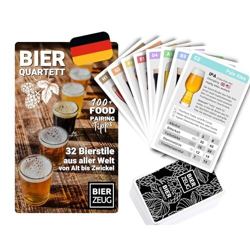 BIERZEUG Bierkwartet Bierstijlen, 32 bierstijlen uit de hele wereld, van oud tot kruis, 100+ food-pairing-tips, kaartspel voor 2-4 bierfans, gamen, quizzen, weten!