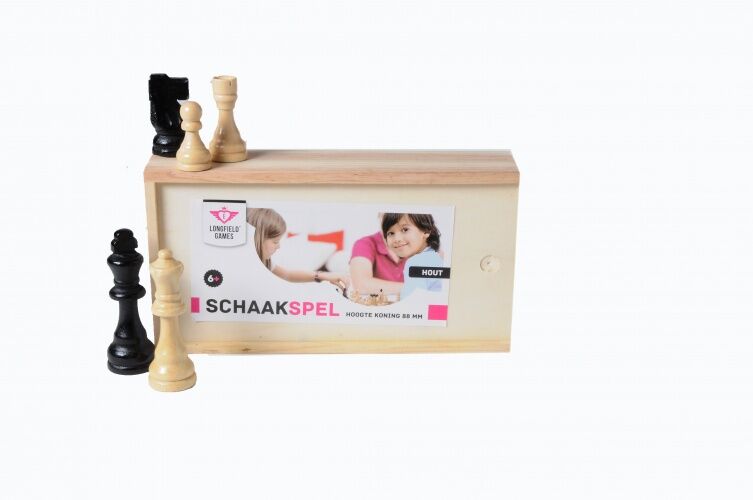 Longfield Games houten schaakstukken in kistje Koning 88 mm - Zwart,Blank
