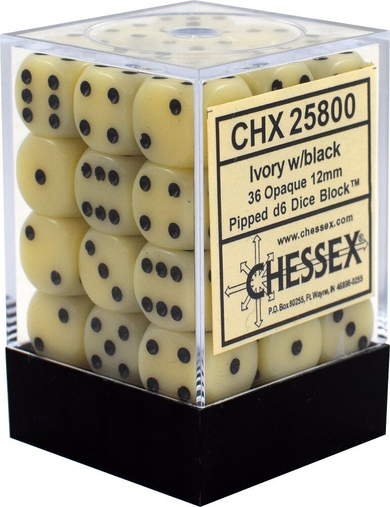 Terning D6 12 mm 36stk Elfenben/Sort Chessex D6 Dice Block CHX 25800