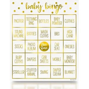 Unique Gold Foil Baby Shower Bingo Kit (16cm x 25cm) - Luxury Stamped Party Game Set - Perfect for Memorable Baby Shower Events - 8 Pcs