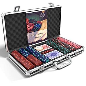 Bullets Playing Cards 'Corrado' Poker Set with 300 Clay Poker Chips without values - including Ceramic Dealer Button, Double Pack of Bullets Poker Cards