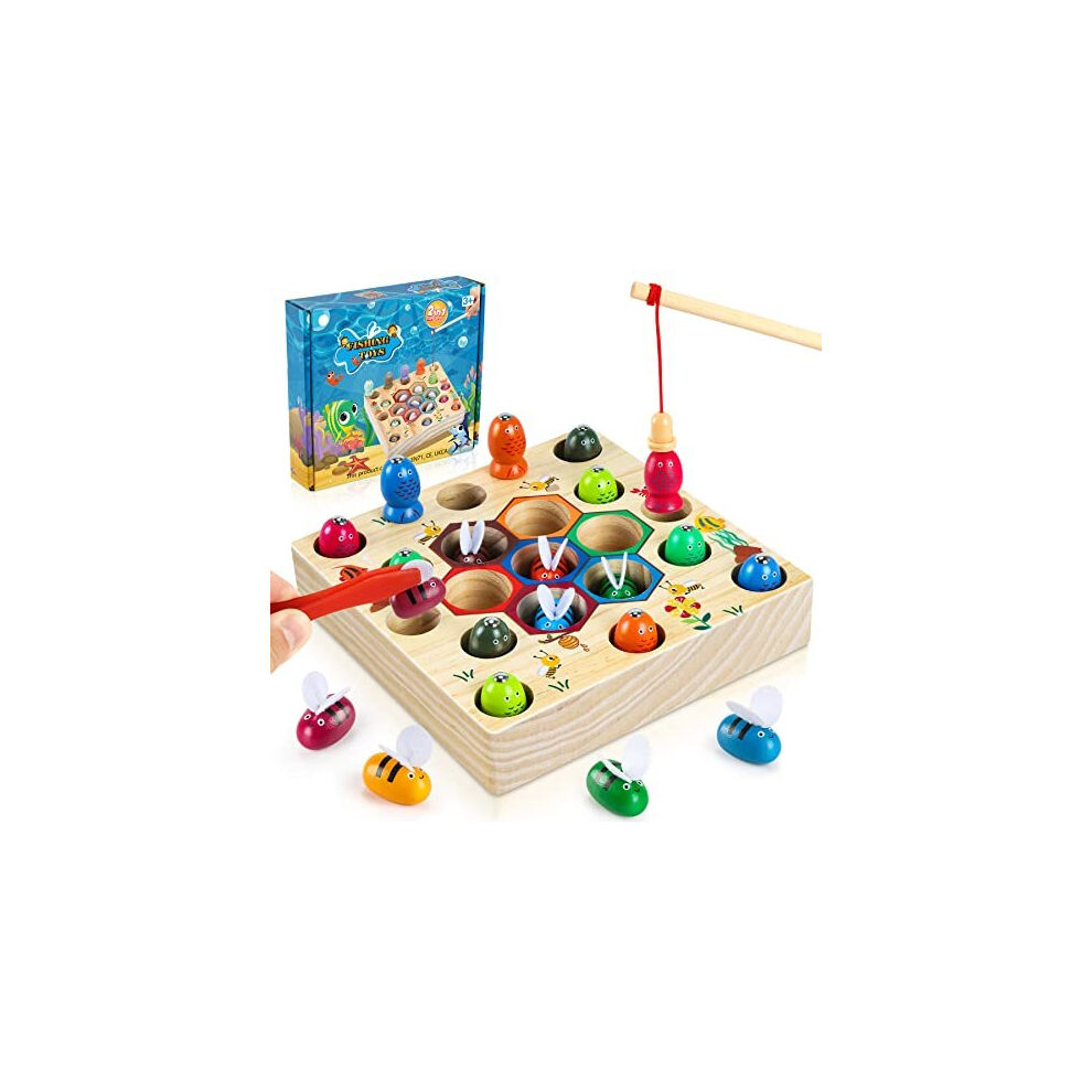 COOLJOY Wooden Fishing Game Toys Gifts for 2 3 4 Year Old Boy Girl   2-in-1 Magn