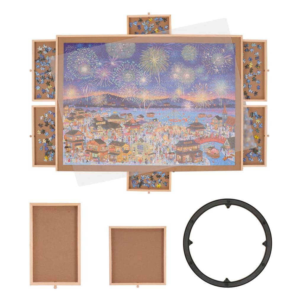 VEVOR 2000 Piece Puzzle Board with 6 Drawers and Cover 40.2 x 29.4 in. Rotating Wooden Jigsaw Puzzle Plateau