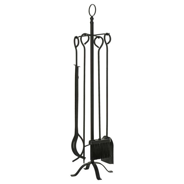 outsunny set attrezzi per camino 5 pezzi, base con attizzatoio, pinza, paletta e scopa in metallo, 20x20x82.5cm, nero