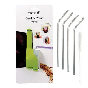 Pince a sachet avec bec verseur + 4 pailles en inox Youdoit