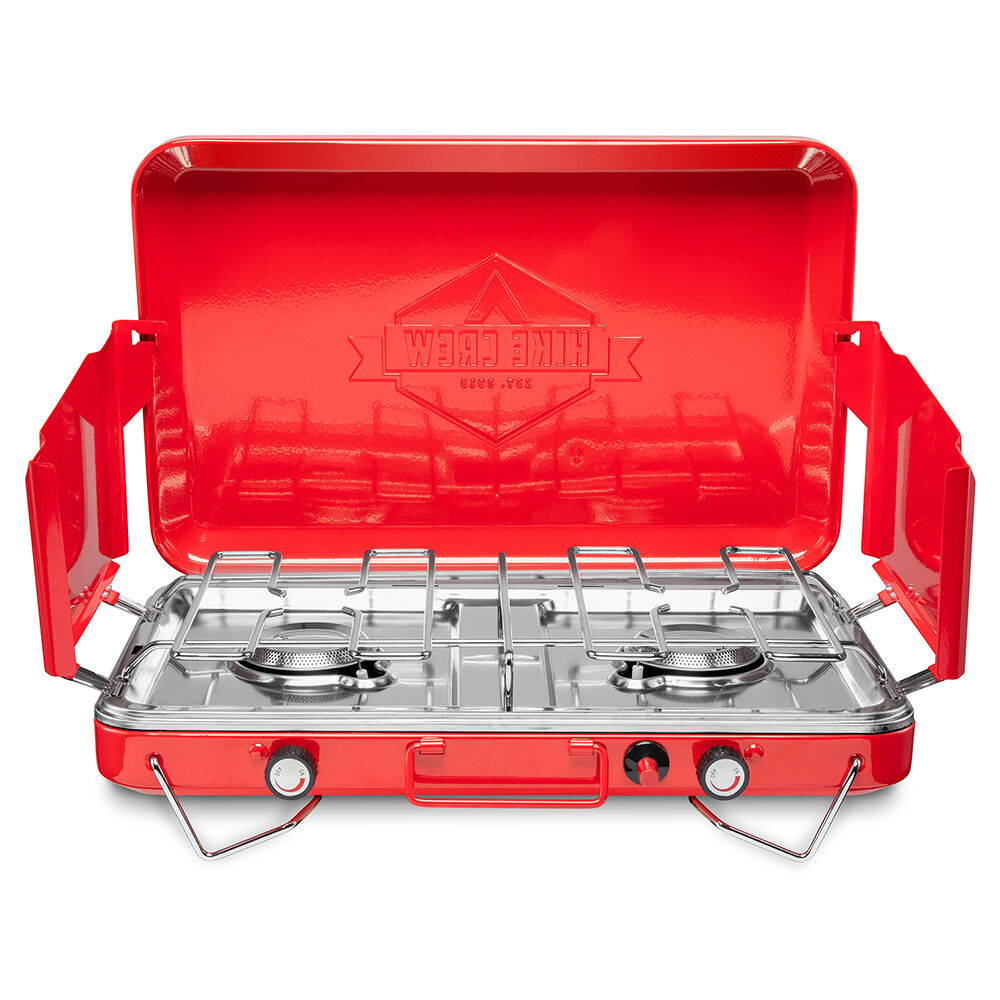 Hike Crew Portable 2-Burner Camping Stove Top with Integrated Igniter and Drip Tray in Red