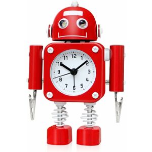 PESCE Robot Alarm Clock Stainless Metal - Wake-up Clock with Flashing Eye Lights and Hand Clip-Ruby Red