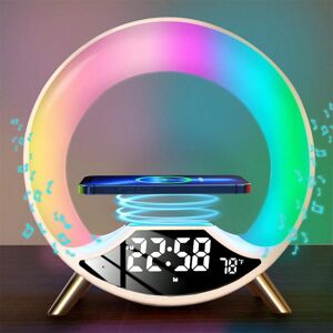 SHEIN 1Pc Sunrise Alarm Clock, Round Ring RGB Color Changing Night Light with Speaker, White Noise Sound Machine with 16 Soothing Sound, 15W Fast Wireless Charging, for Adults Sleeping Wake-up White US Adapter