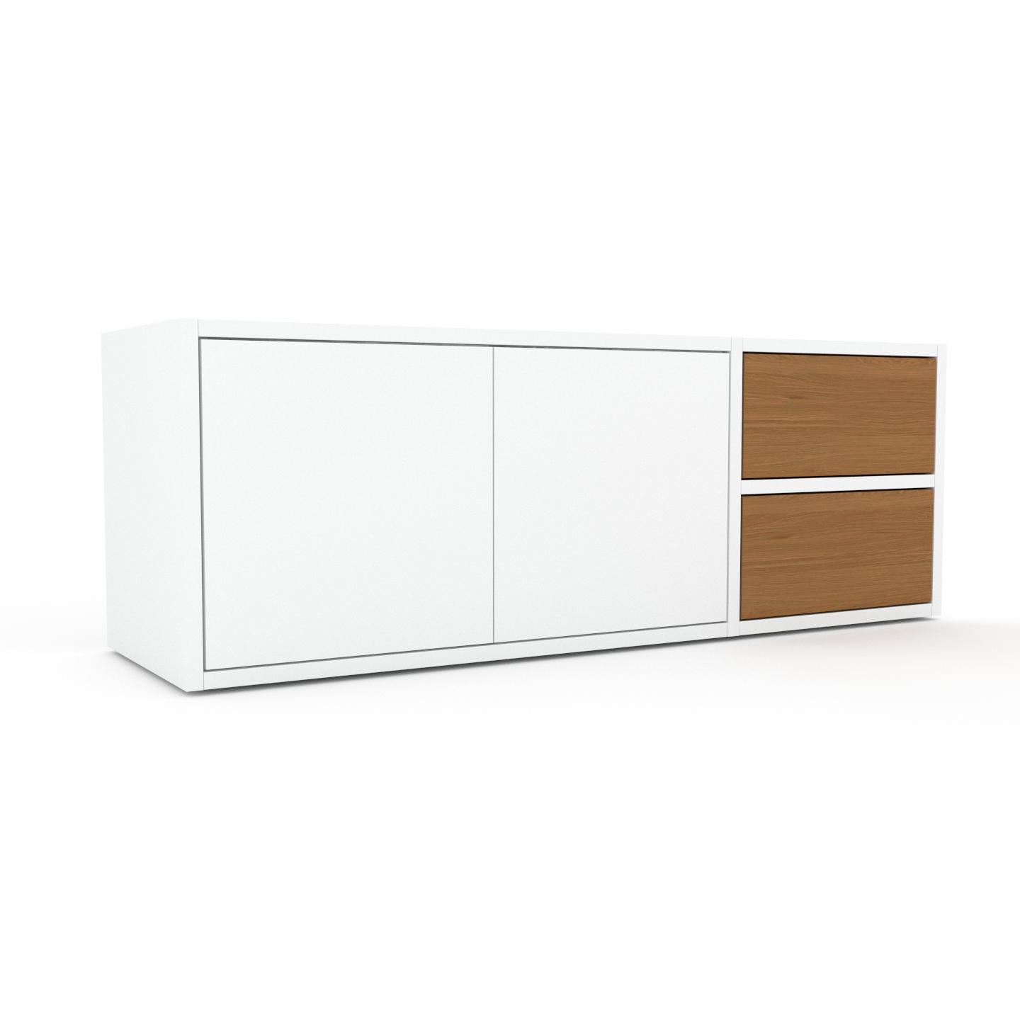 MYCS Bücherregal Weiß - Modernes Regal für Bücher: Schubladen in Eiche & Türen in Weiß - 116 x 41 x 35 cm, konfigurierbar