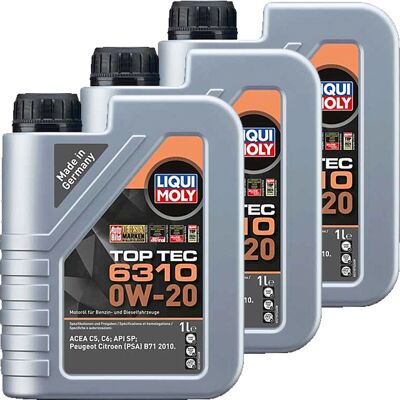 3x1l Liqui Moly Motoröl Top Tec 6310 0w-20 Passend Für Api Sp Acea C5 C6: 3x1l Liqui Moly Motoröl Top Tec 6310 0w-20 Passend Für Api Sp Acea C5 C6: