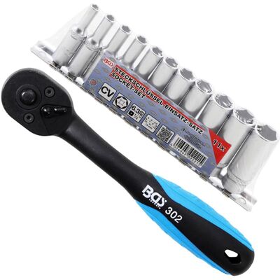 BGS technic KG Bgs Knarre Ratsche Hebelumschaltknarre+langnuss-satz 11-tlg. Sw 4-13mm 1/4'' Zoll: BGS technic KG Bgs Knarre Ratsche Hebelumschaltknarre+langnuss-satz 11-tlg. Sw 4-13mm 1/4'' Zoll: