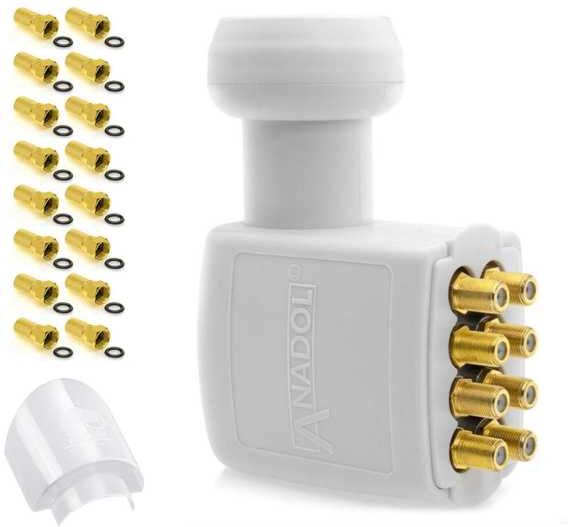 Anadol Gold Line OCTO LNB 0.1 DB 8 Teilnehmer +16 Vergoldete F-Stecker mit LNB Wetterschutz-Haube