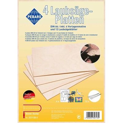 PEBARO 327/130-5 - 4 Sperrholzplatten aus Birkenholz, größe DIN A4, mit 12 Laubsägeblättern, 12 Laubsägeblätter, 4 Motivvorlagen PEBARO 327/130-5 - 4 Sperrholzplatten aus Birkenholz, größe DIN A4, mit 12 Laubsägeblättern, 12 Laubsägeblätter, 4 Motivvorlagen