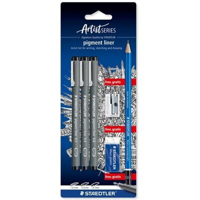 STAEDTLER pigment liner 308 Fineliner, 3er Set (0.3, 0.5, 0.7), 1 Radierer + 1 Spitzer, 308 SBK3P STAEDTLER pigment liner 308 Fineliner, 3er Set (0.3, 0.5, 0.7), 1 Radierer + 1 Spitzer, 308 SBK3P
