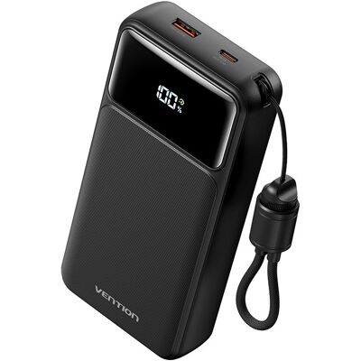 Vention 20 000 mAh Power Bank (USB-C + USB-A) with Built-in Cable 22,5 W Black LED Display Type Vention 20 000 mAh Power Bank (USB-C + USB-A) with Built-in Cable 22,5 W Black LED Display Type