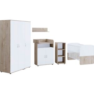 nonjoo Lüttenhütt Babymöbel-Set, 6-teilig, bestehend aus: Babybett LF 70 x 140 cm, Kommode, Wickelaufsatz, Wandboard, 3-türiger Schrank und 1 Regal weiß  unisex