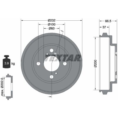 TEXTAR - 94044300 - 232 mm Ø - 100 mm PCD - Bremstrommel TEXTAR - 94044300 - 232 mm Ø - 100 mm PCD - Bremstrommel