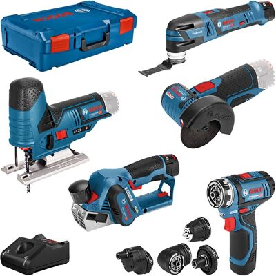 Bosch 5-teiliges 12Volt-Werkzeug-Set, GSR + GOP + GHO + GWS + GST Bosch 5-teiliges 12Volt-Werkzeug-Set, GSR + GOP + GHO + GWS + GST