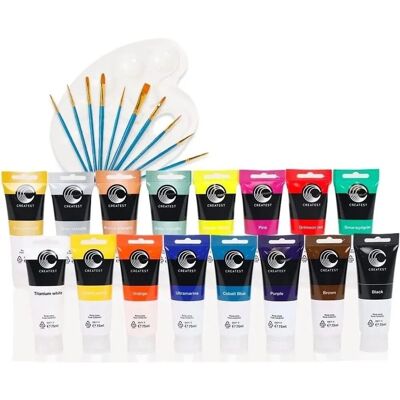 CREATEST Acrylfarben-Set 16x75 ml inkl. Pinsel & Mischpalette Wasserfest CREATEST Acrylfarben-Set 16x75 ml inkl. Pinsel & Mischpalette Wasserfest