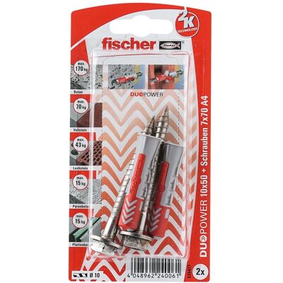 Fischer Dübel DuoPower Ø 10 mm x 50 mm S A4 K 2 Stück mit Schraube A4 Fischer Dübel DuoPower Ø 10 mm x 50 mm S A4 K 2 Stück mit Schraube A4