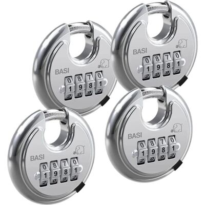 Basi Rundbügel Vorhangschloss Set 4* RVS 610Z 70 mm Zahlenkombination Edelstahlgehäuse Basi Rundbügel Vorhangschloss Set 4* RVS 610Z 70 mm Zahlenkombination Edelstahlgehäuse