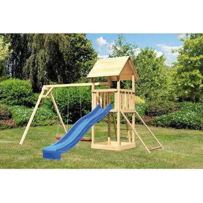 Karibu Spielturm Lotti mit Doppelschaukel, Netzrampe & Rutsche Blau Karibu Spielturm Lotti mit Doppelschaukel, Netzrampe & Rutsche Blau