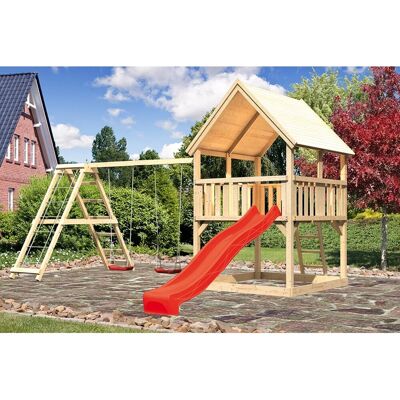 Karibu Spielturm Luis Satteldach Set naturb. Doppelschaukel Kletterg.Rutsche Rot Karibu Spielturm Luis Satteldach Set naturb. Doppelschaukel Kletterg.Rutsche Rot