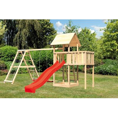 Karibu Spielturm Lotti mit Doppelschaukel, Klettergerüst, Anbau & Rutsche Rot Karibu Spielturm Lotti mit Doppelschaukel, Klettergerüst, Anbau & Rutsche Rot