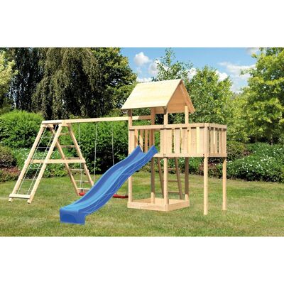 Karibu Spielturm Lotti mit Doppelschaukel, Klettergerüst, Anbau & Rutsche Blau Karibu Spielturm Lotti mit Doppelschaukel, Klettergerüst, Anbau & Rutsche Blau